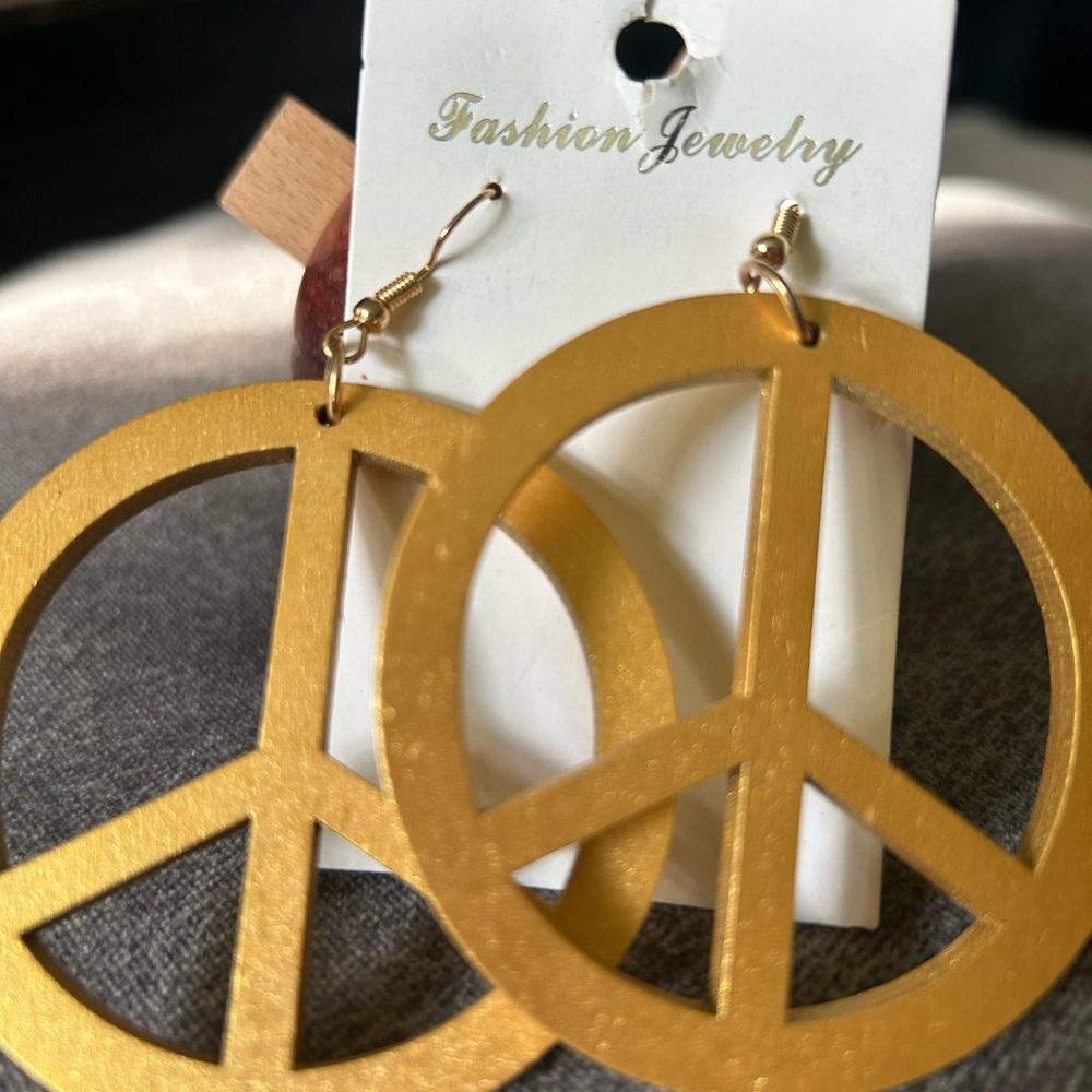 Fashion Jewelry Gold Tone Wood Peace Sign Hoop Earrings